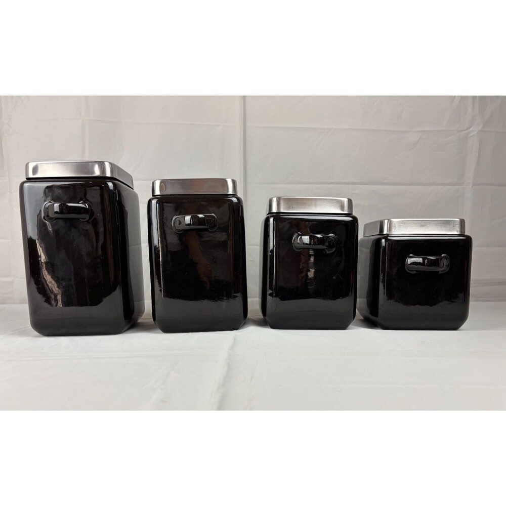 Oggi 4 pc Black Square Ceramic Canister Set w/ Stainless Steel Lids
